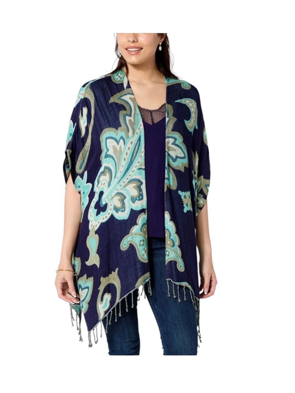 Soft Surroundings Navy Teal Boho Kimono Poncho Topper Tassel Paisley Layering L